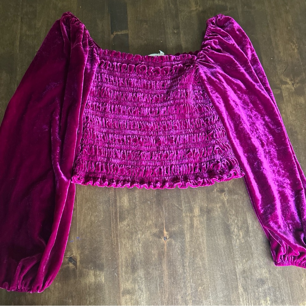 Anthropologie M Puff-Sleeved Velvet Blouse‎ Top Rose Pink Peasant Square Sexy